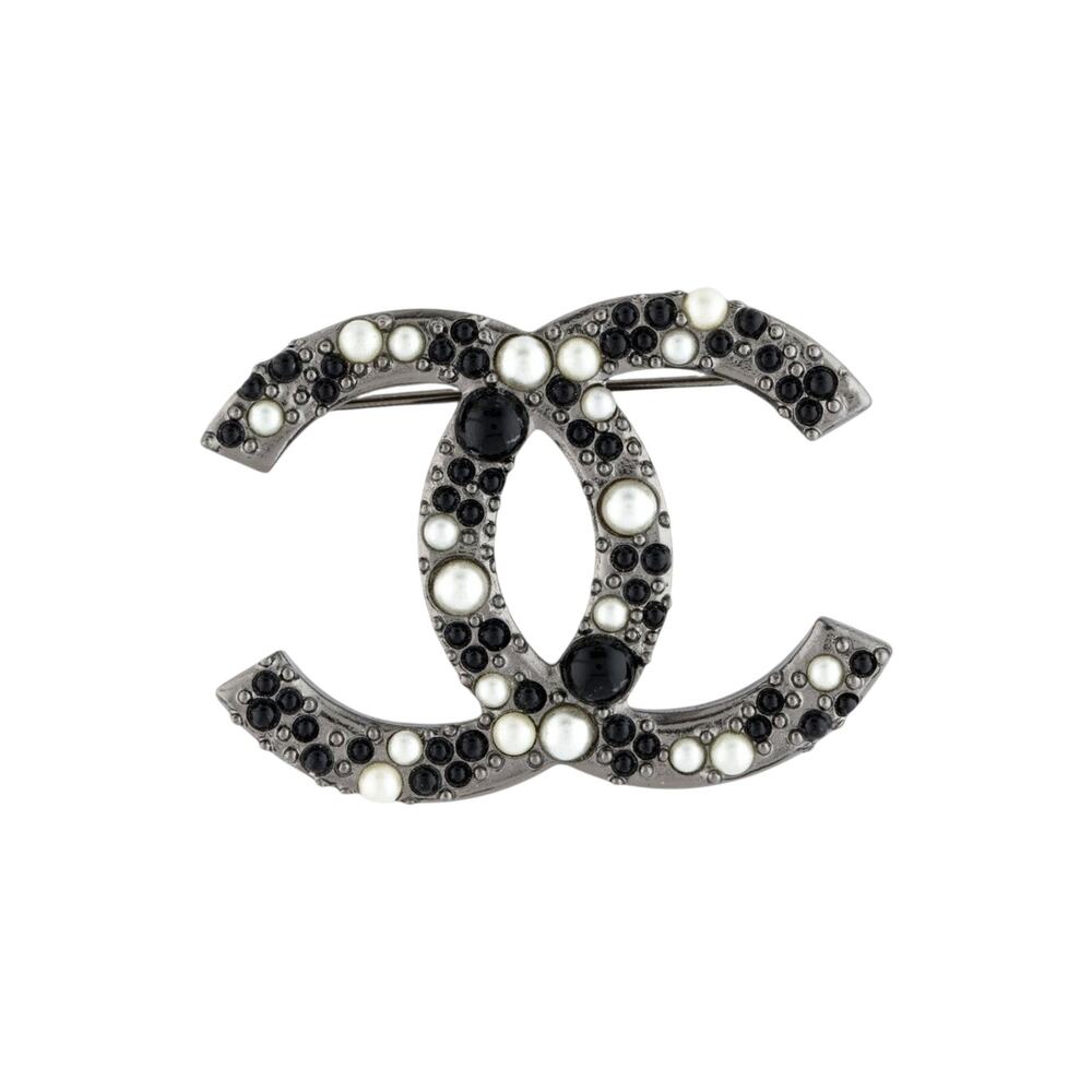 Chanel Silver-tone Faux Pearl Resin Interlocking CC Pin Brooch
